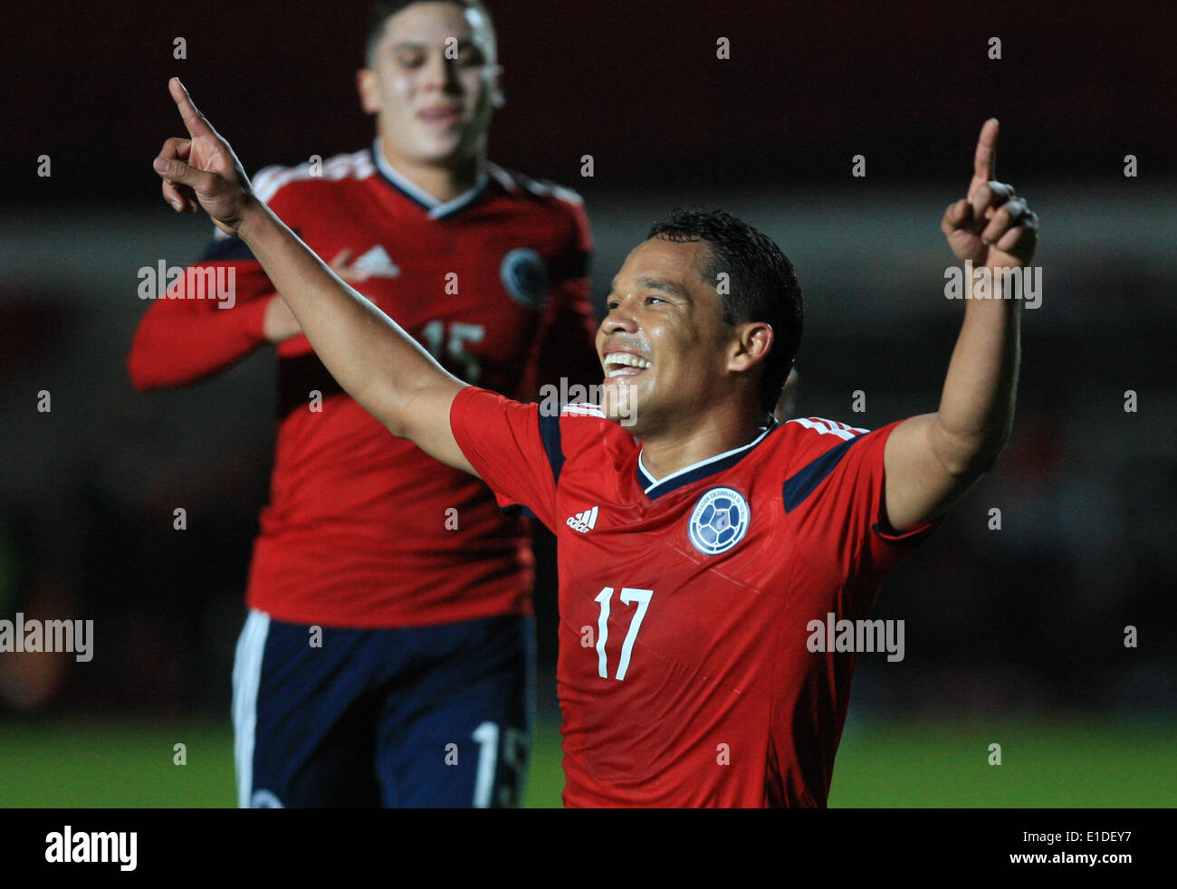 Buenos Aires, Argentina. 31st May, 2014. Carlos Bacca (Front) of Colombia celebrates his goal with teammates during a friendly soccer match against Senegal in Buenos Aires, capital of Argentina, on May 31, 2014. © Martin Zabala/Xinhua/Alamy Live News Stock Photo