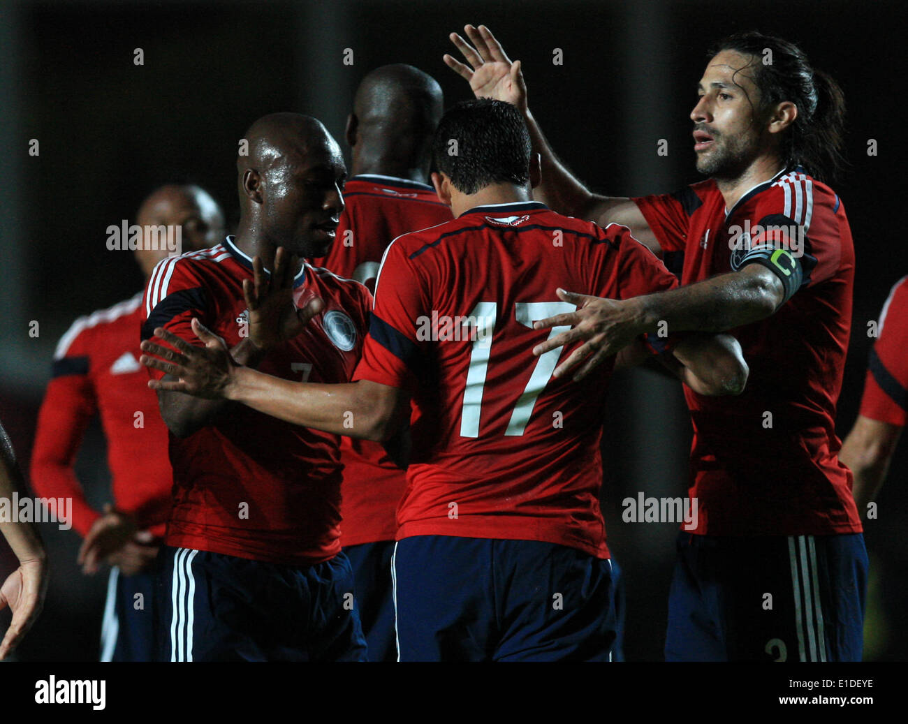 Buenos Aires, Argentina. 31st May, 2014. Carlos Bacca (C) of Colombia celebrates his goal with teammates during a friendly soccer match against Senegal in Buenos Aires, capital of Argentina, on May 31, 2014. © Martin Zabala/Xinhua/Alamy Live News Stock Photo