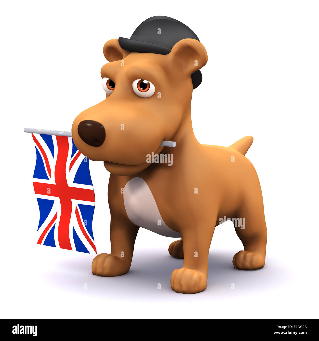 3d Cute puppy dog wearing a bowler hat and carrying a Union Jack flag
