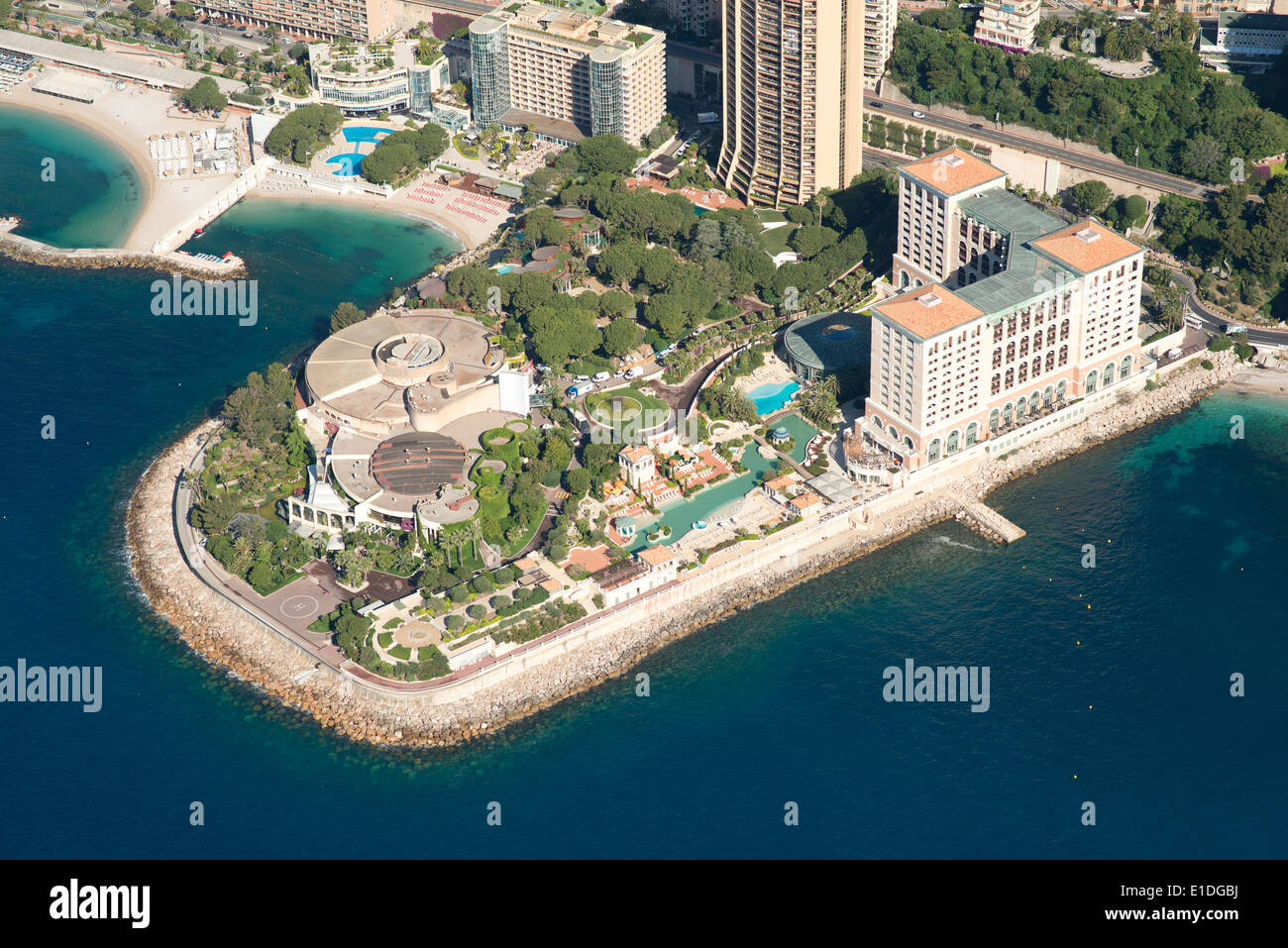 AERIAL VIEW. Luxurious hotel built on reclaimed land. Monte-Carlo Bay Hotel and Resort, Ward of Larvotto, Principality of Monaco. Stock Photo