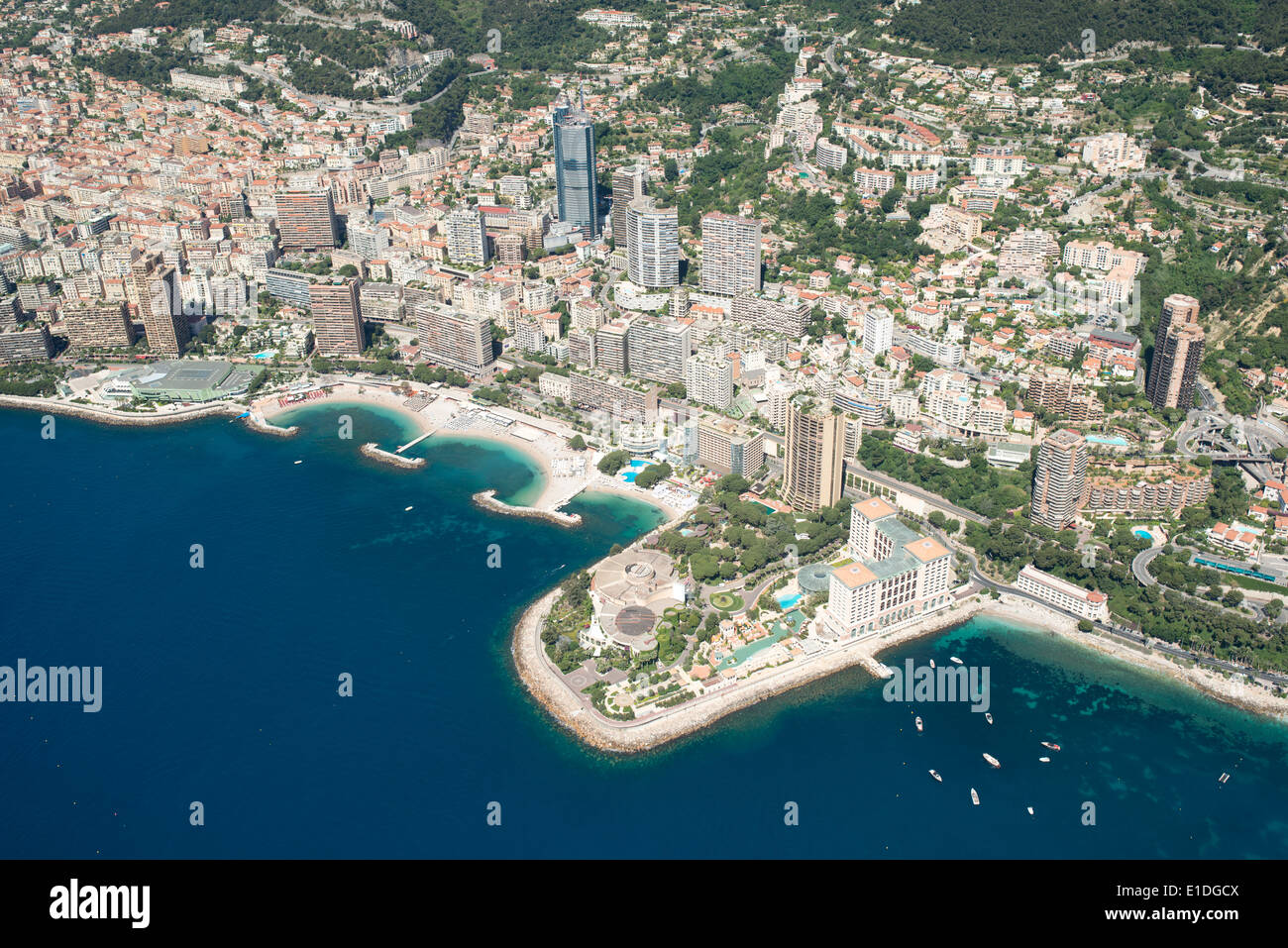 AERIAL VIEW. Larvotto Beach and man-made promontory. Ward of Larvotto, Principality of Monaco. Stock Photo