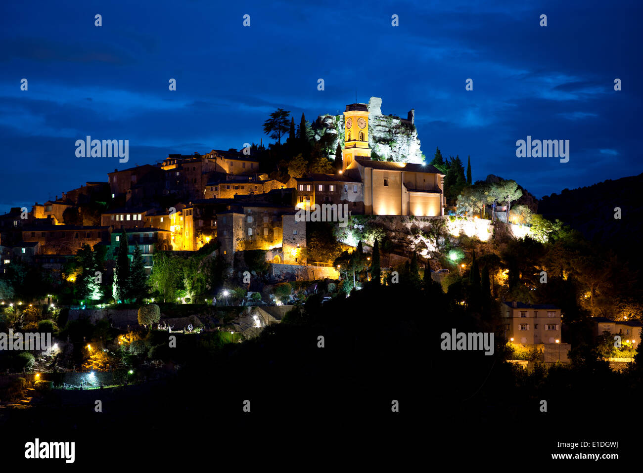 Perched medieval village at dusk. Èze-Village, Alpes-Maritimes, French Riviera, France. Stock Photo