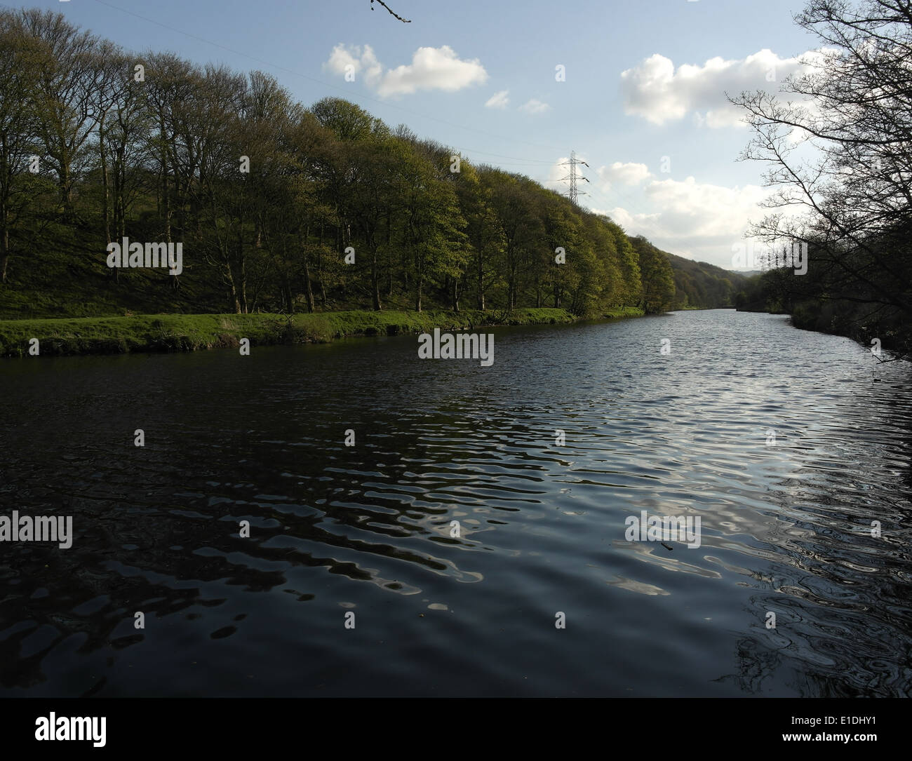 Blue sky white clouds view, looking upvalley, channel River Calder