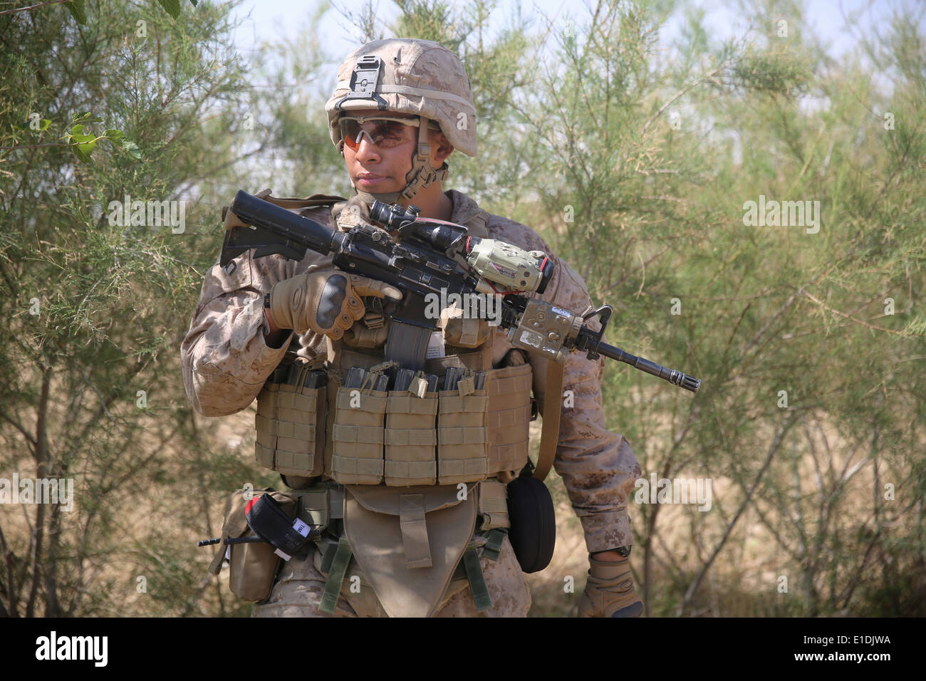 US Marines with the 1st Battalion, 7th Marine Regiment, patrol during a a counter-insurgency mission May 22, 2014 in Larr Village, Helmand province, Afghanistan. Stock Photo