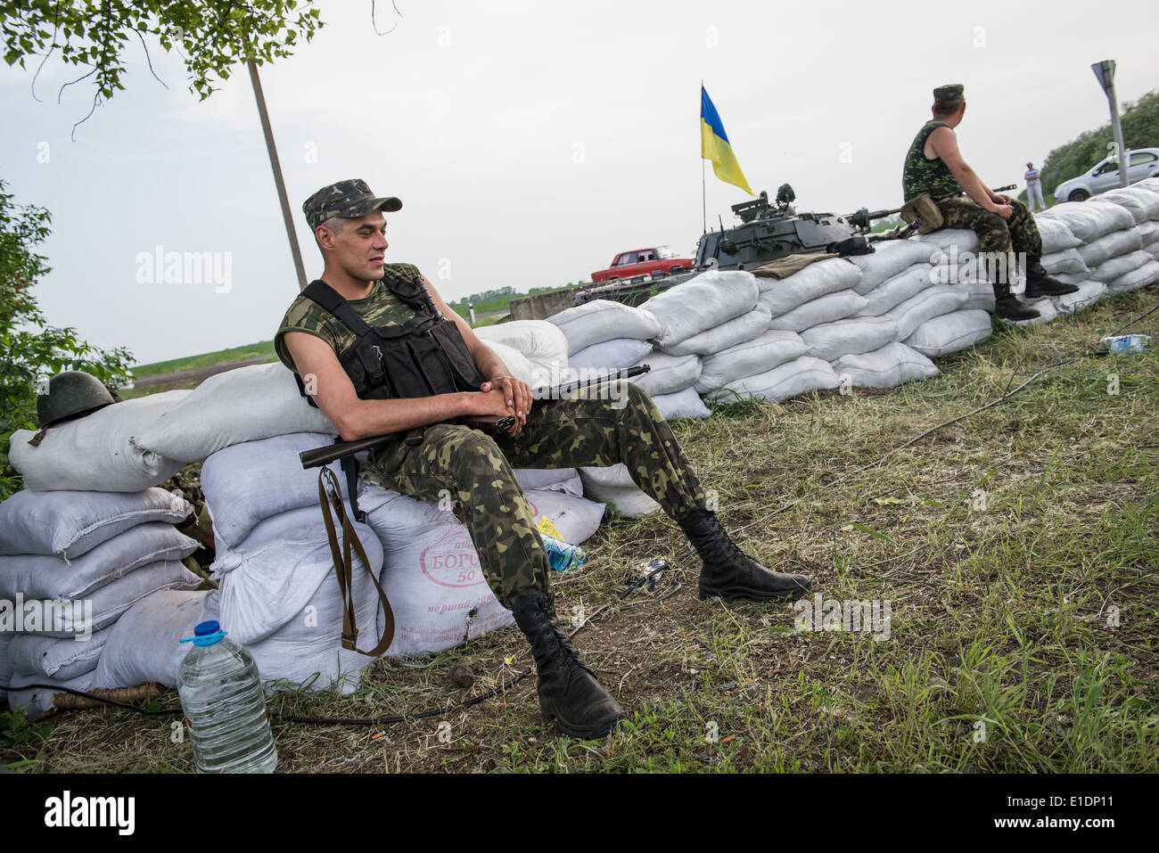 Ukrainian soldier on a check point near Dobropillia in Donetsk Oblast on 19 May during 2014 pro-Russian conflict in Ukraine Stock Photo
