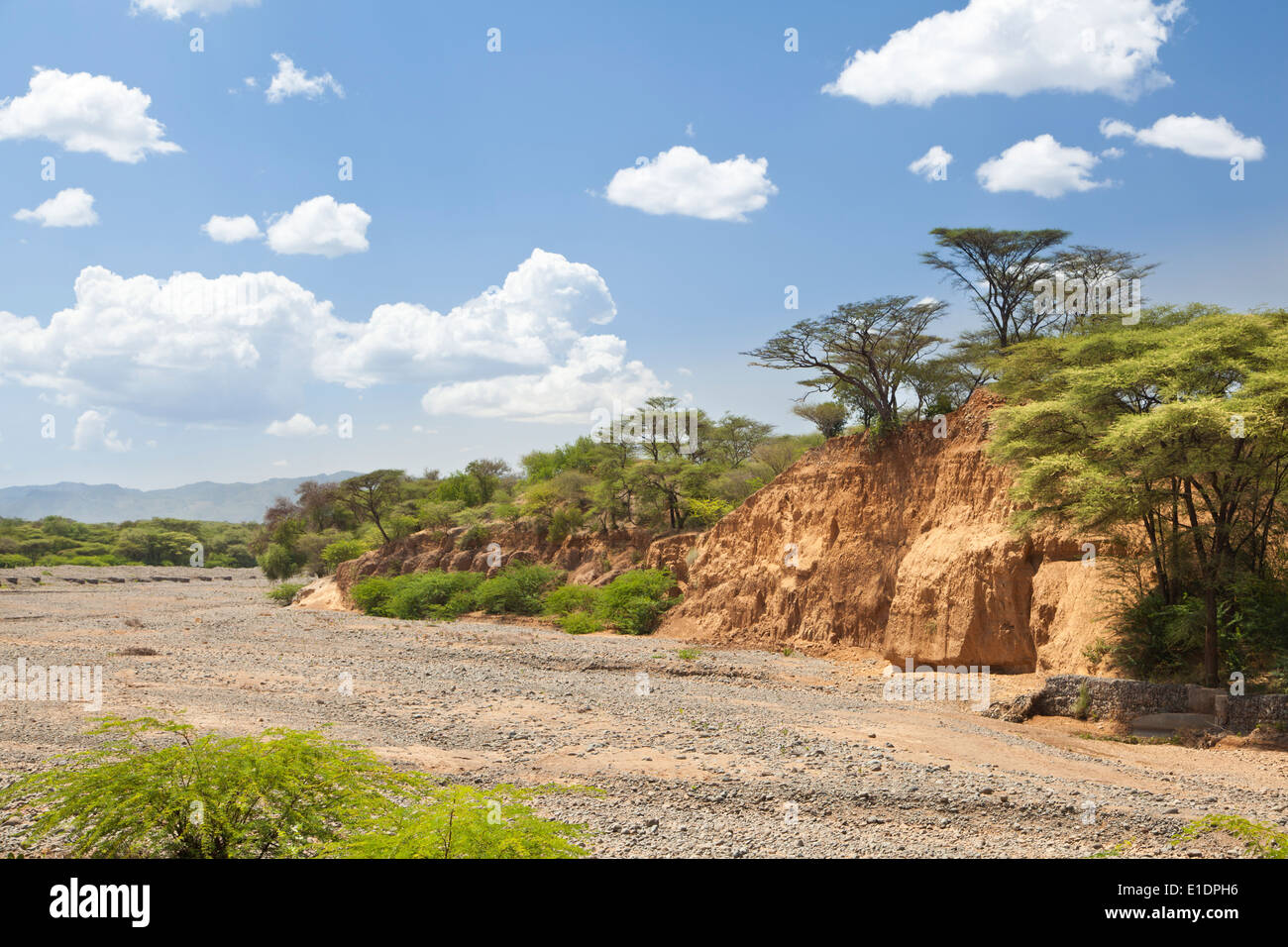 An empty river bed between Marigat and Lake Baringo in Kenya during dry season Stock Photo