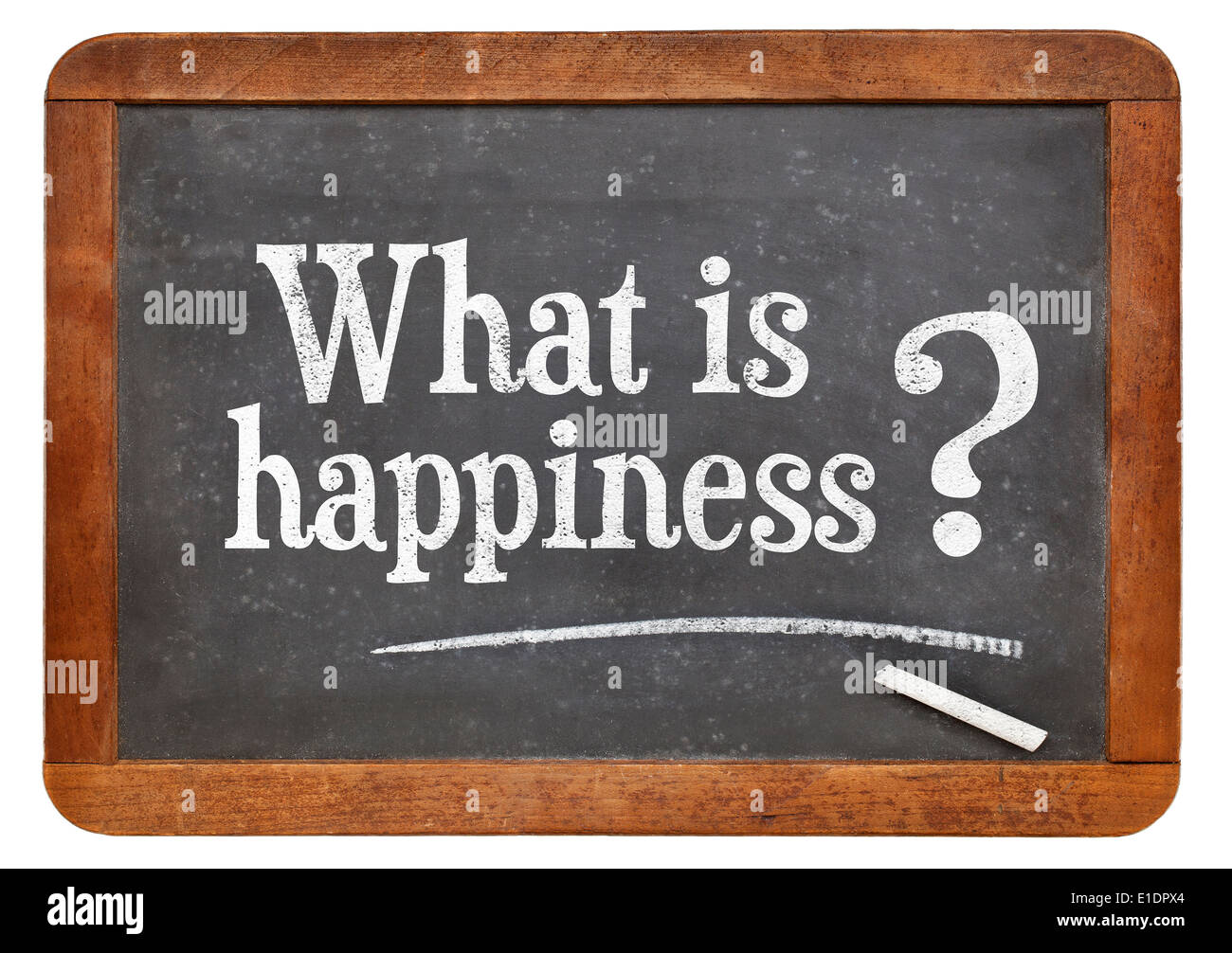 What is happiness question on a vintage blackboard isolated on white Stock Photo