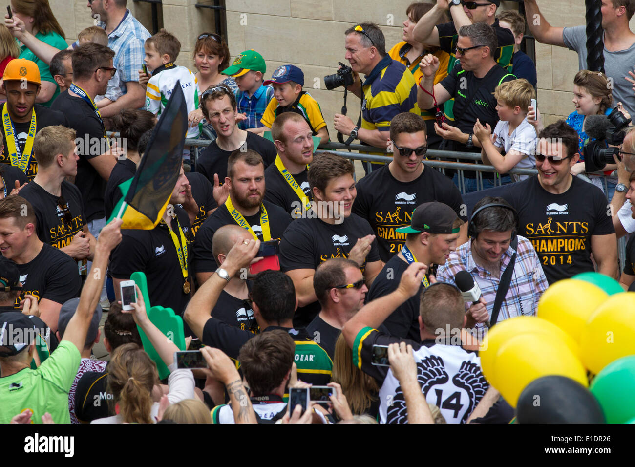 Northampton. Sunday 1st June 2014. The Guildhall, The Northampton Saints players and coaching staff parade the Aviva Premiership Champions trophy won yesterday 2014-05-31 and Amlin Challenge Cup into the town centre to celebrate a historic double success with their fans. Credit:  Keith J Smith./Alamy Live News Stock Photo