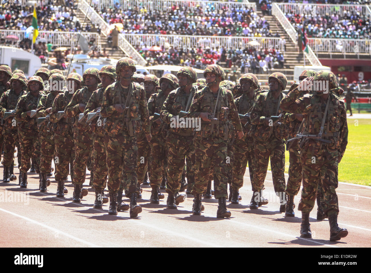 Nairobi, Kenya. 01st June, 2014. Kenyan military platoon commander leads his officer on a ceremonial parade, during the country’s 51 Independence day cerebrations, at Nyayo National Stadium in Nairobi Kenyan capital, on June 1, 2014, June 1st is an annual cerebration to mark the freedom of the country from the British colonials in 1963, The cerebrations comes at a time Kenya has economic and insecurity challenges.  Credit:  Tom Maruko/PACIFIC PRESS/Alamy Live News Stock Photo