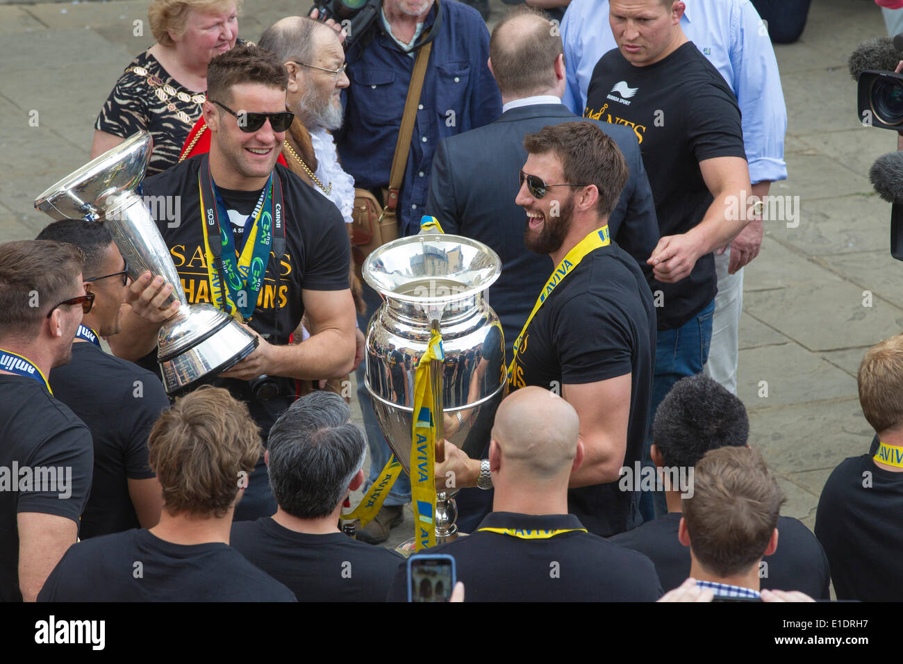 Northampton. Sunday 1st June 2014. The Guild Hall, The Northampton Saints players and coaching staff parade the Aviva Premiership Champions trophy won yesterday 2014-05-31 and Amlin Challenge Cup into the town centre to celebrate a historic double success with their fans. Credit:  Keith J Smith./Alamy Live News Stock Photo