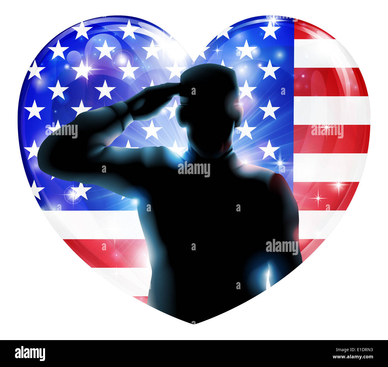 Illustration for 4th July Independence Day or veterans day of a soldier saluting in front of American flag shaped as a heart Stock Photo