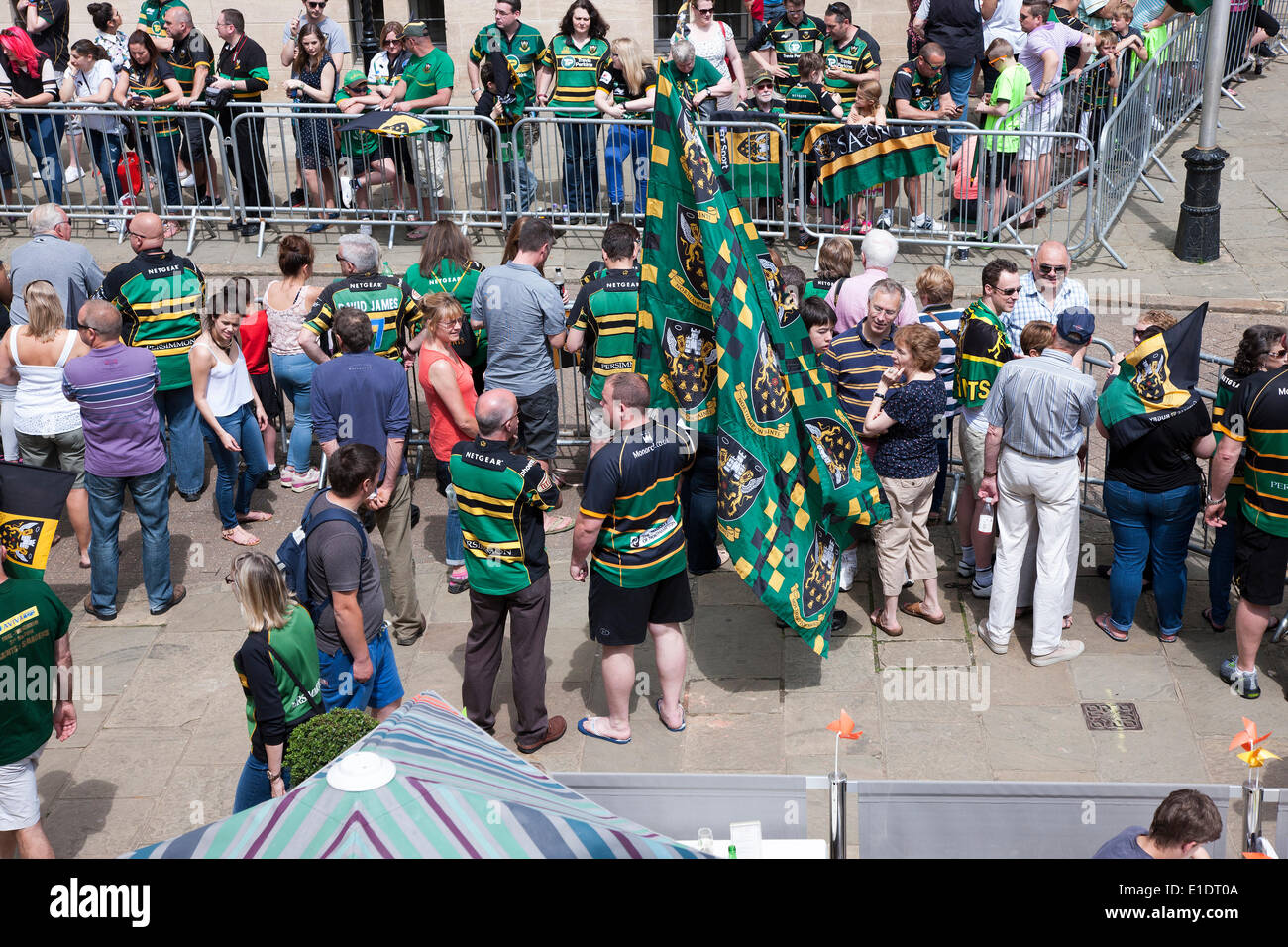 Northampton. Sunday 1st June 2014. The Guildhall, The Northampton Saints players and coaching staff parade the Aviva Premiership Champions trophy won yesterday 2014-05-31 and Amlin Challenge Cup into the town centre to celebrate a historic double success with their fans. Credit:  Keith J Smith./Alamy Live News Stock Photo