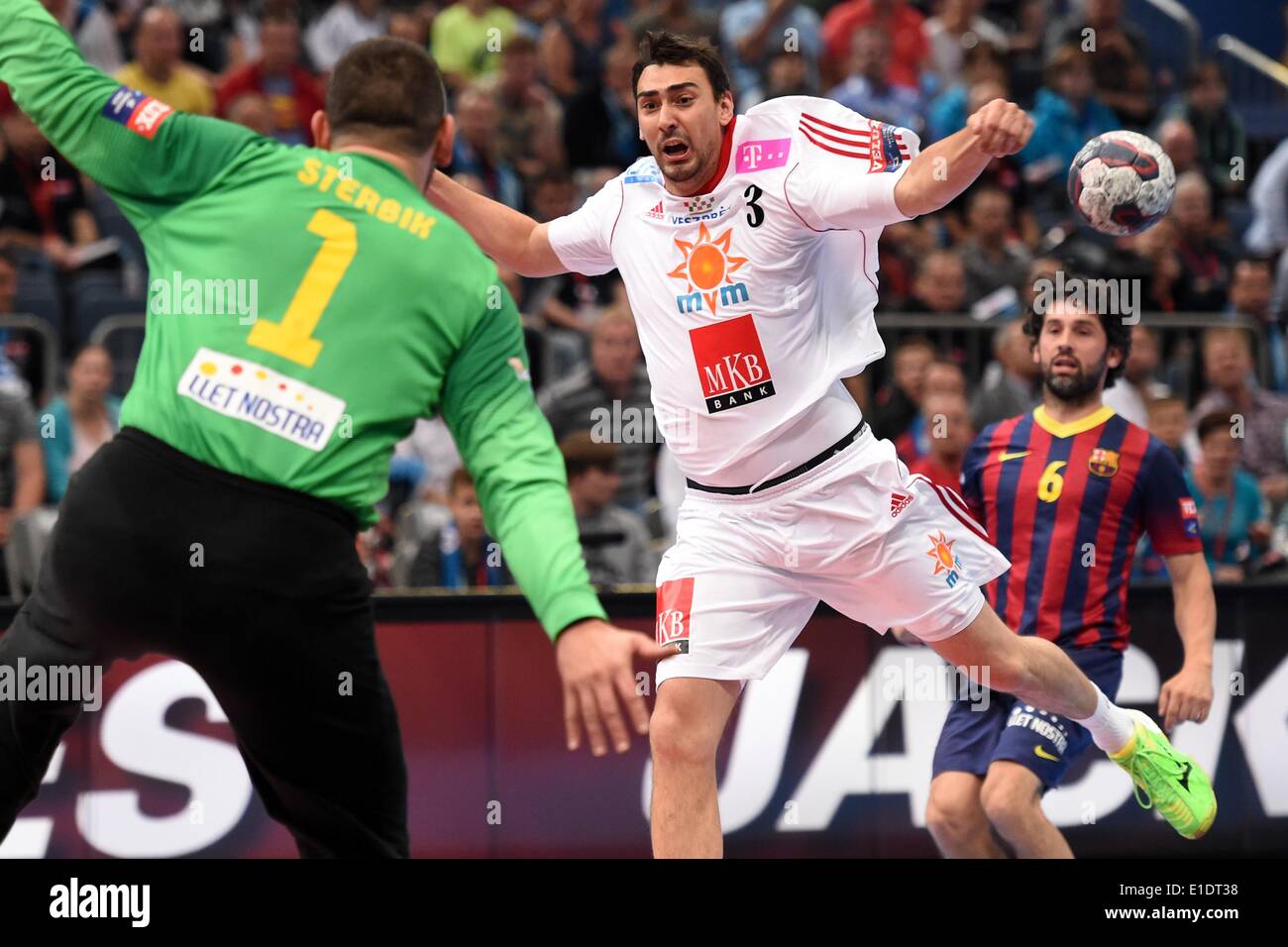 Cologne, Germany. 01st June, 2014. Barcelona's goalkeeper Arpad Sterbik (L) and Veszprem's Peter Gulyas in action during the Champions League EHF Final Four handball match for third place between MKB-MVM Veszprem and FC Barcelona at Lanxess Arena in Cologne, Germany, 01 June 2014. Photo: MARIUS BECKER/dpa/Alamy Live News Stock Photo