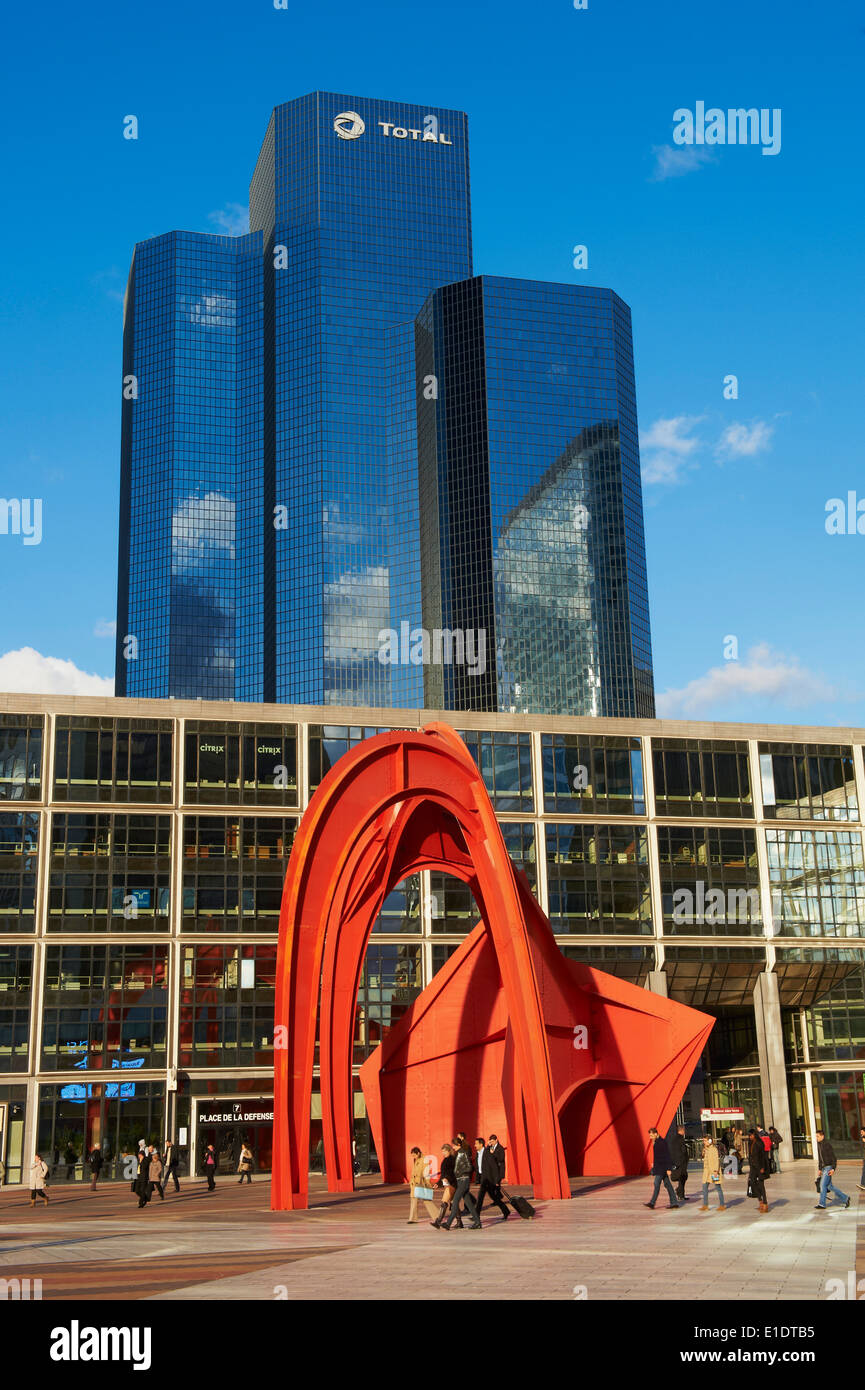 France, Hauts de Seine, La Defense, Stabile sculpture by Calder called The Red Spider on the esplanad and Total tower Stock Photo