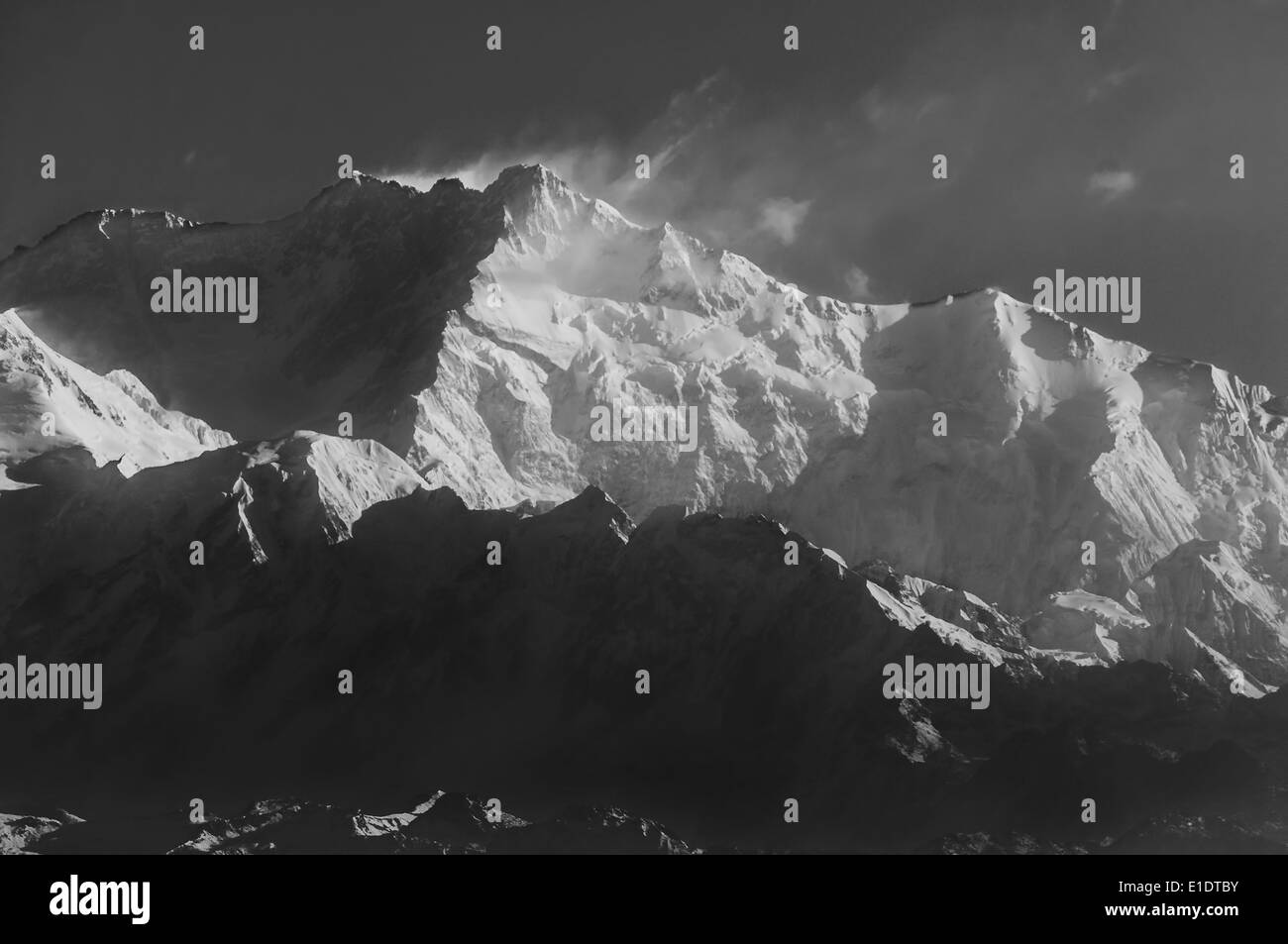 Kanchenjunga Mountain peak of Himalayas covered with snow o trekking path to Sandakphu Stock Photo