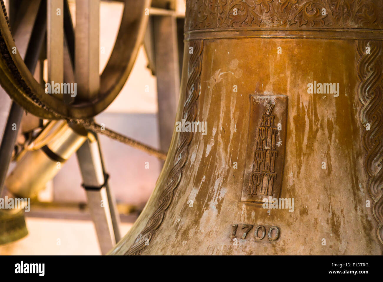 Bells located in the cathedral of St Domnius in Split Croatia showing inscription in detail Stock Photo
