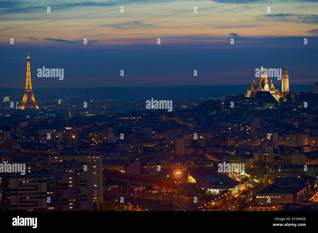 France, Paris, Montmartre, Sacre Coeur Basilique and Eiffel Tower Stock Photo