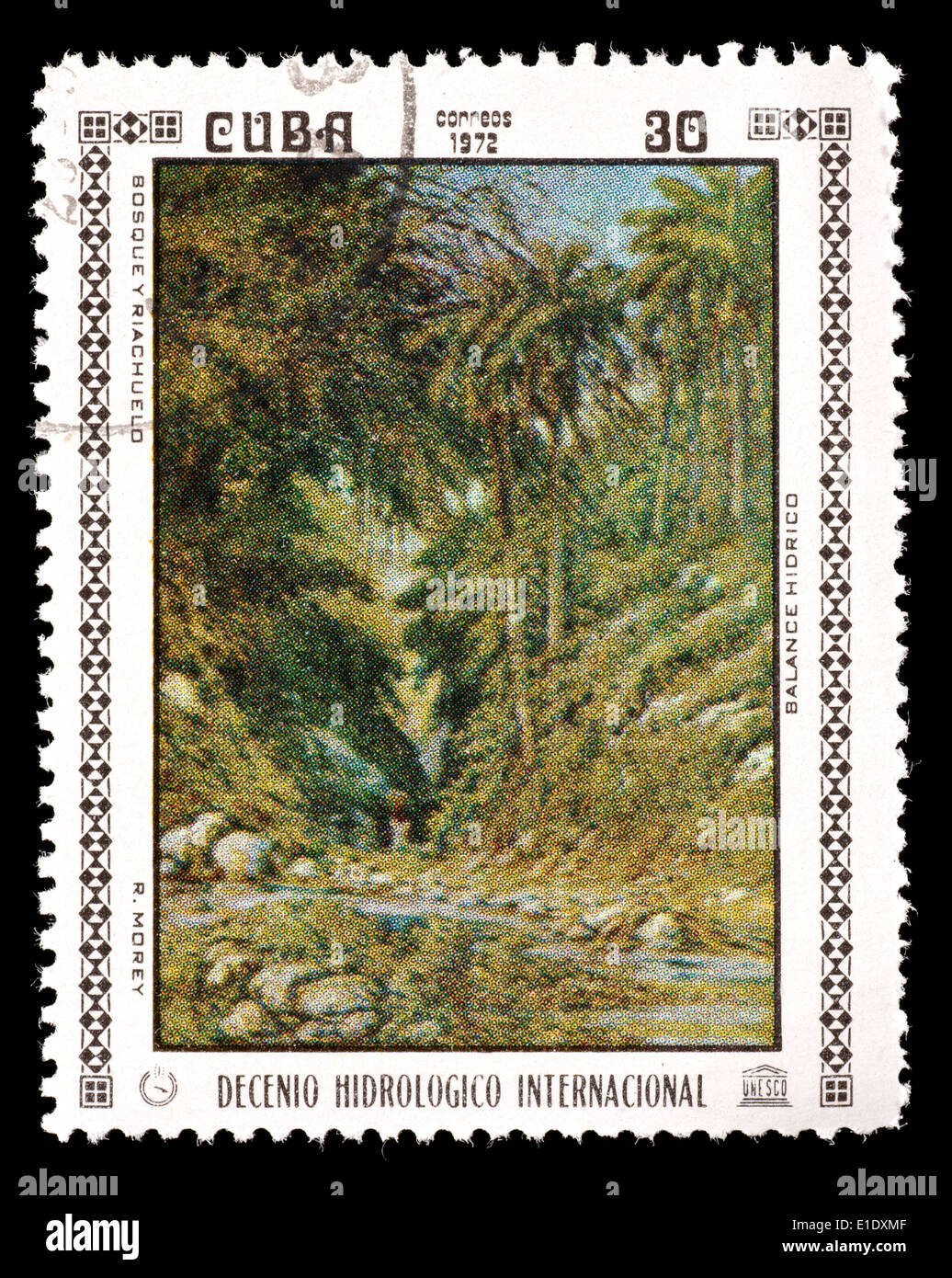 Postage stamp from Cuba depicting an  Antonia R. Morley painting ' Forest and Brook', for International Hydrological Decade. Stock Photo