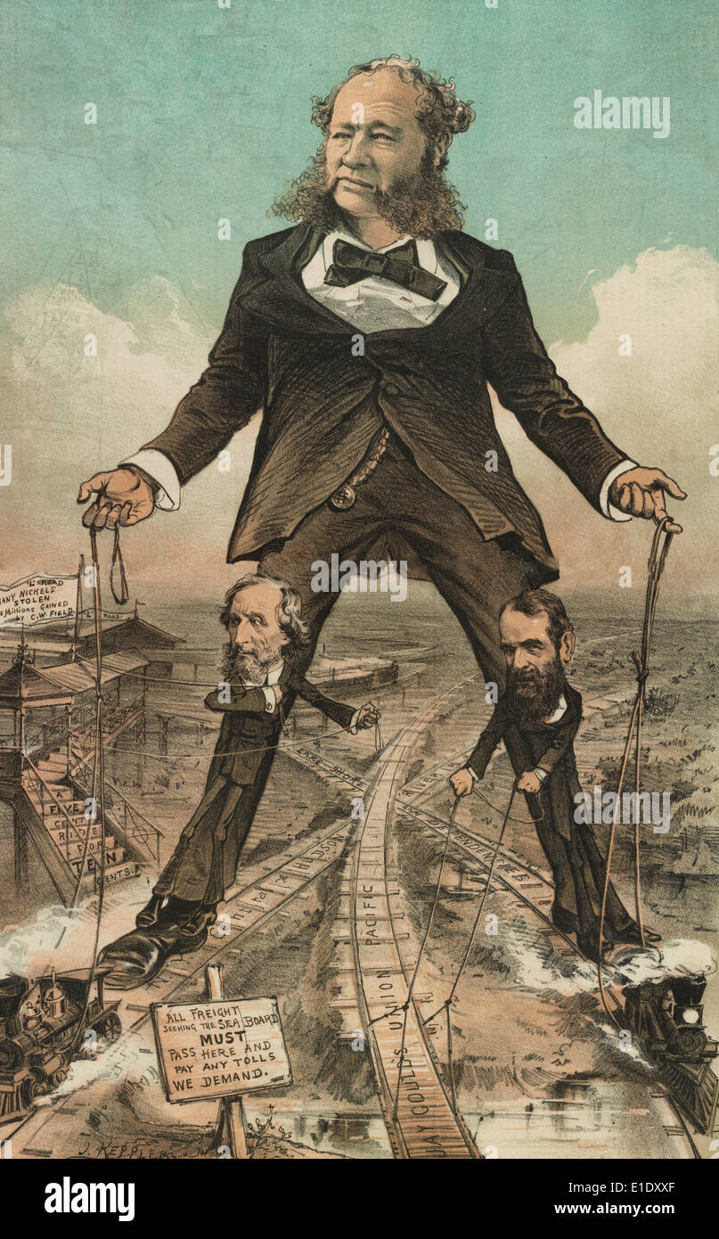 The Modern Colossus of Railroads - William Henry Vanderbilt, president of the New York Central Railroad and several other railroads, Cyrus West Field, of the New York Elevated Railroad Company, and Jay Gould, of the Union Pacific Railroad and other western railroads. Political Cartoon 1879 Stock Photo