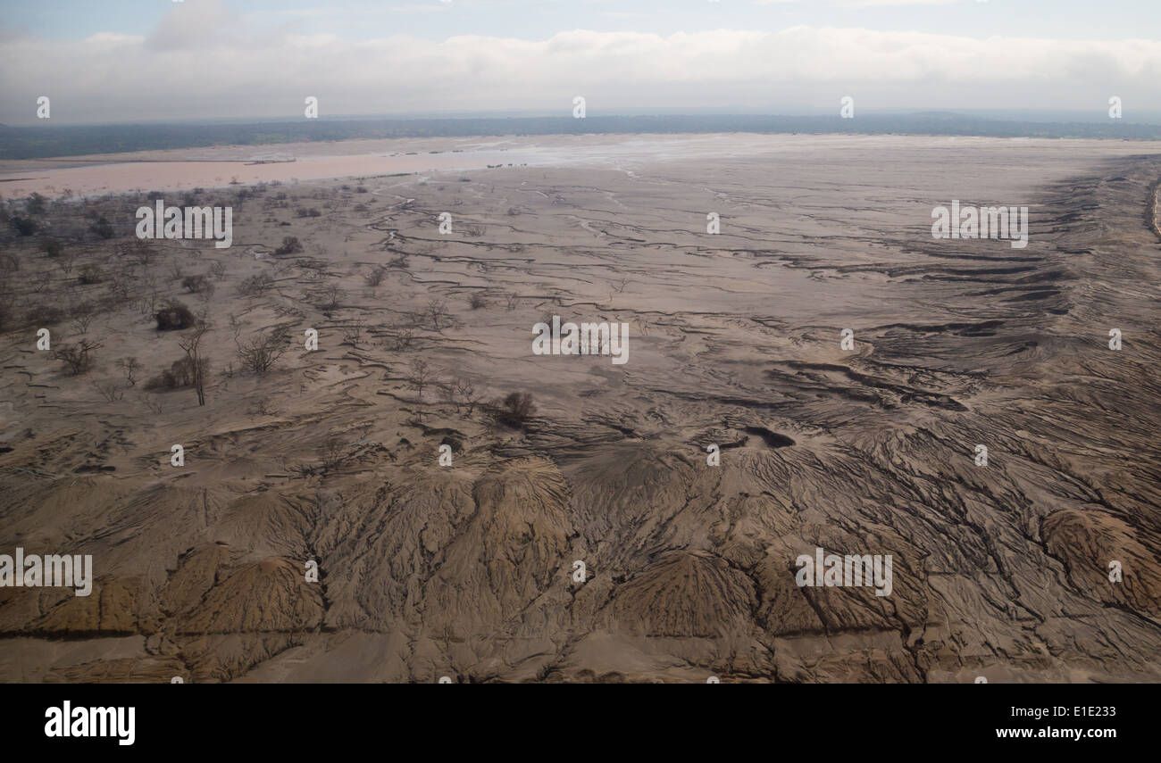 An aerial view of a tailings dam at a large, open cast copper mine. Stock Photo