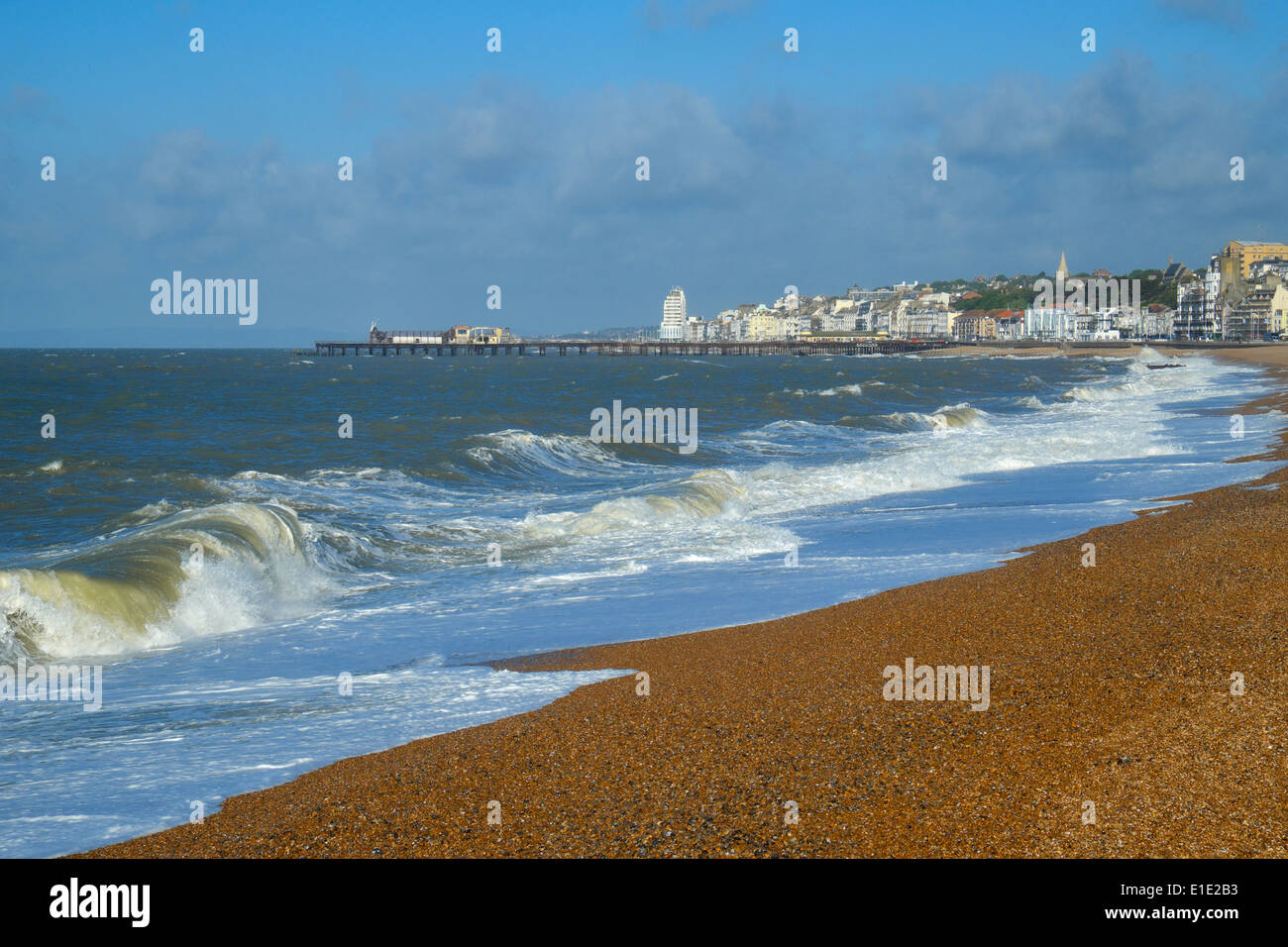 Rough waves on Hastings seafront, East Sussex, GB. Stock Photo