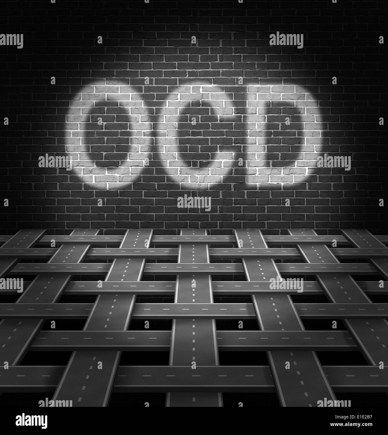 OCD concept and obsessive compulsive disorder medical symbol as a group of roads organized in a pattern hitting a brick wall with the text in light as an icon of anxiety symptoms and repetitive psychological behavior issues. Stock Photo