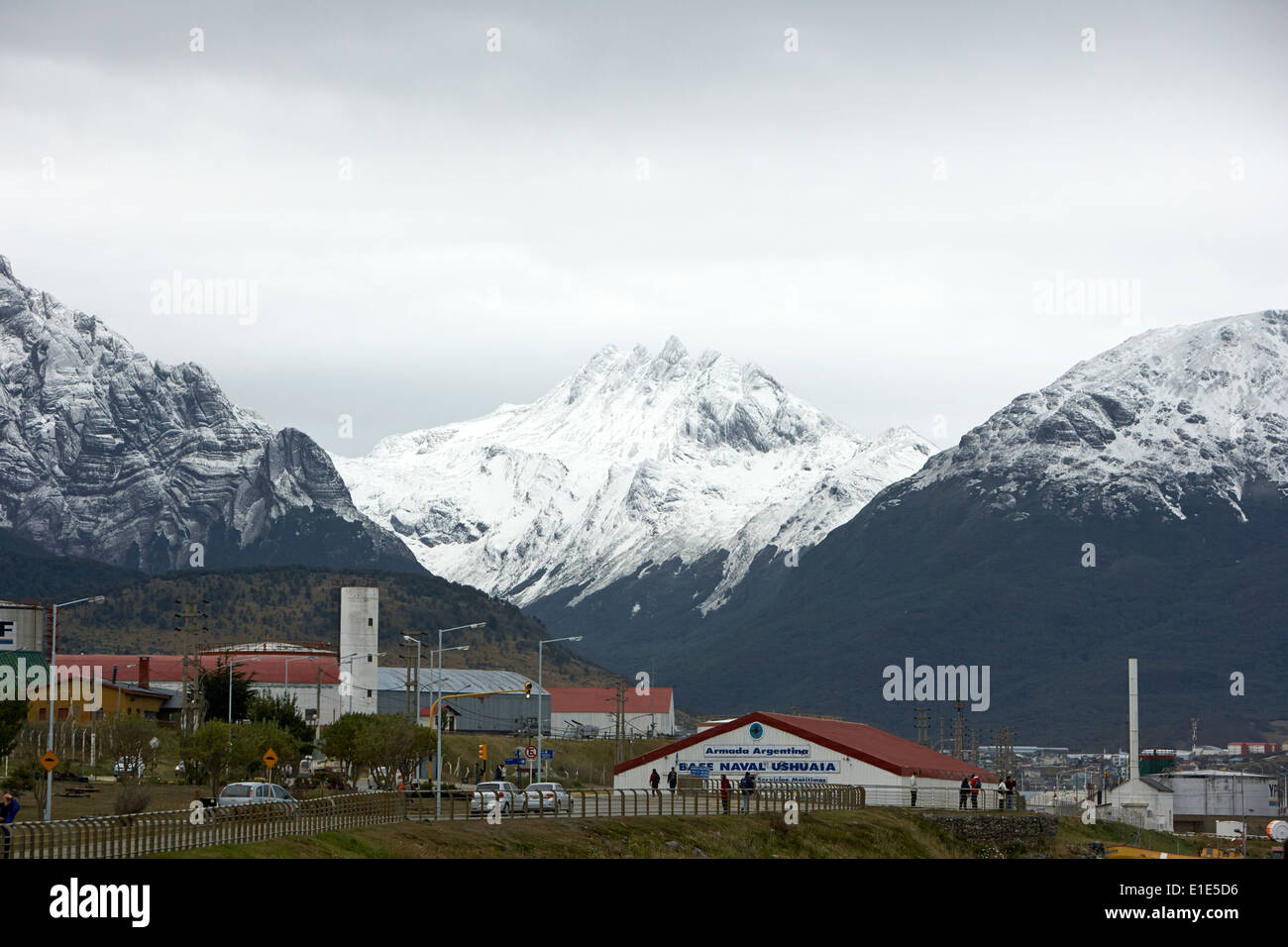 Ushuaia naval base and snow covered patagonian mountains tierra del fuego Argentina Stock Photo
