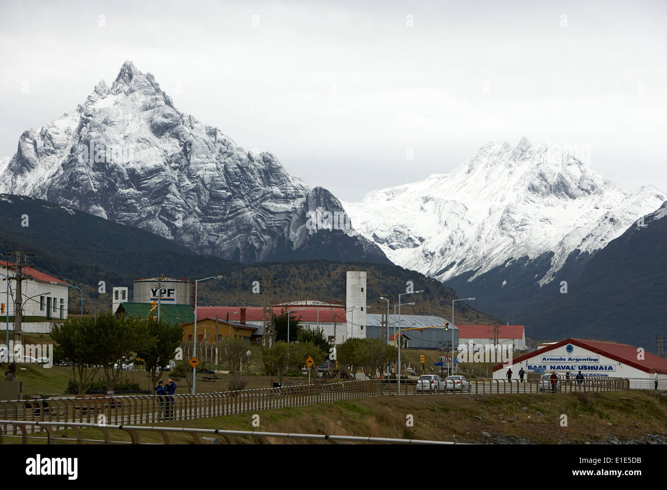 Ushuaia naval base and snow covered patagonian mountains tierra del fuego Argentina Stock Photo