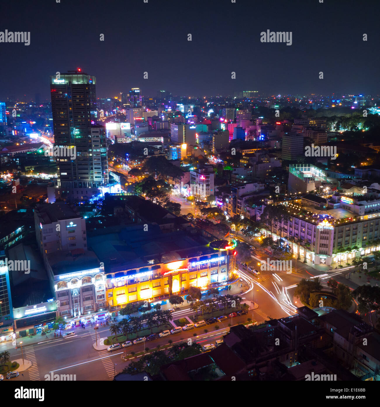 An aerial night view of District 1 in Ho Chi Minh City (Saigon), Vietnam. Stock Photo