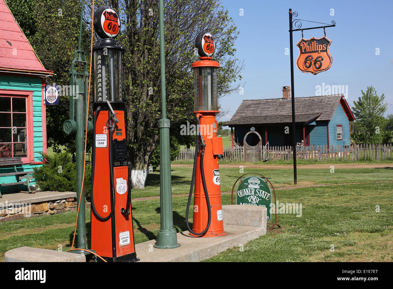 Vintage gas pumps on display at Red Oak II in Carthage, Missouri Stock