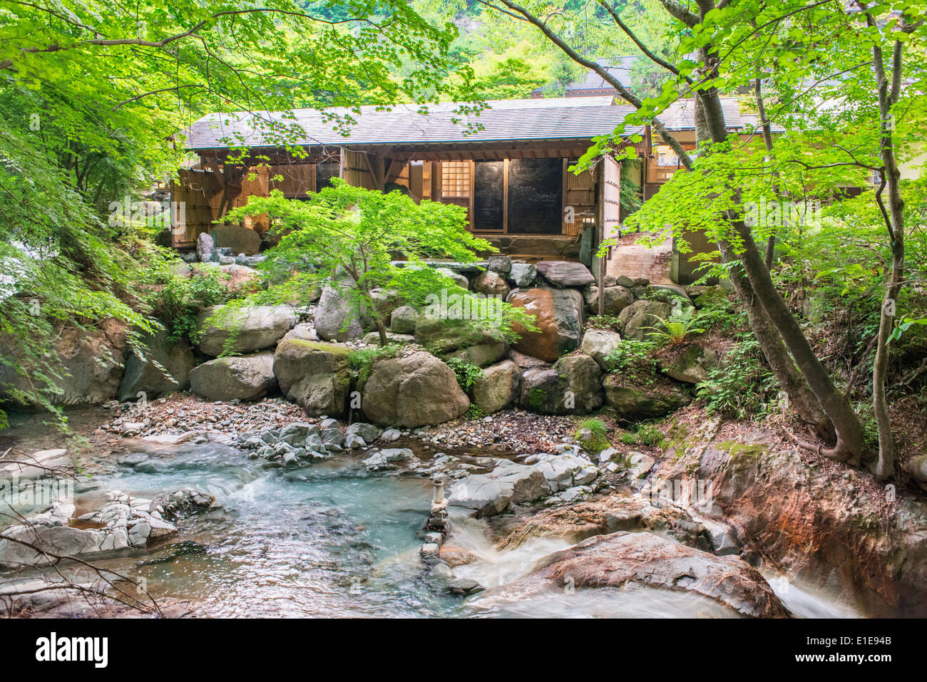 Outdoor bath or "rotenburo" in a traditional Japanese ryokan inn in