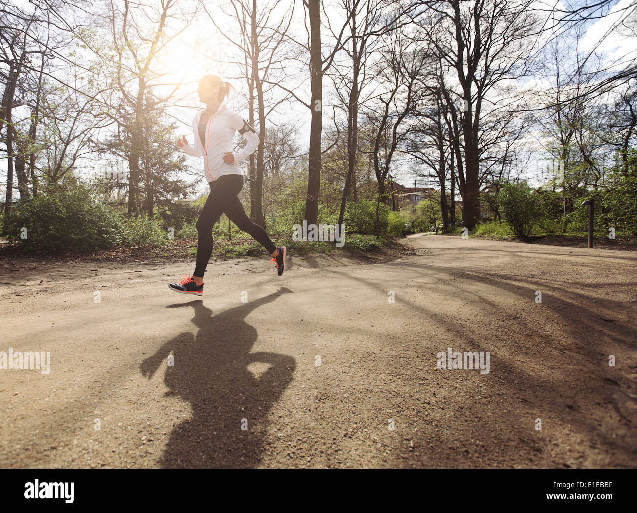 Healthy young woman jogging in park. Fitness female model running in forest. Caucasian fitness model exercising outdoors. Stock Photo