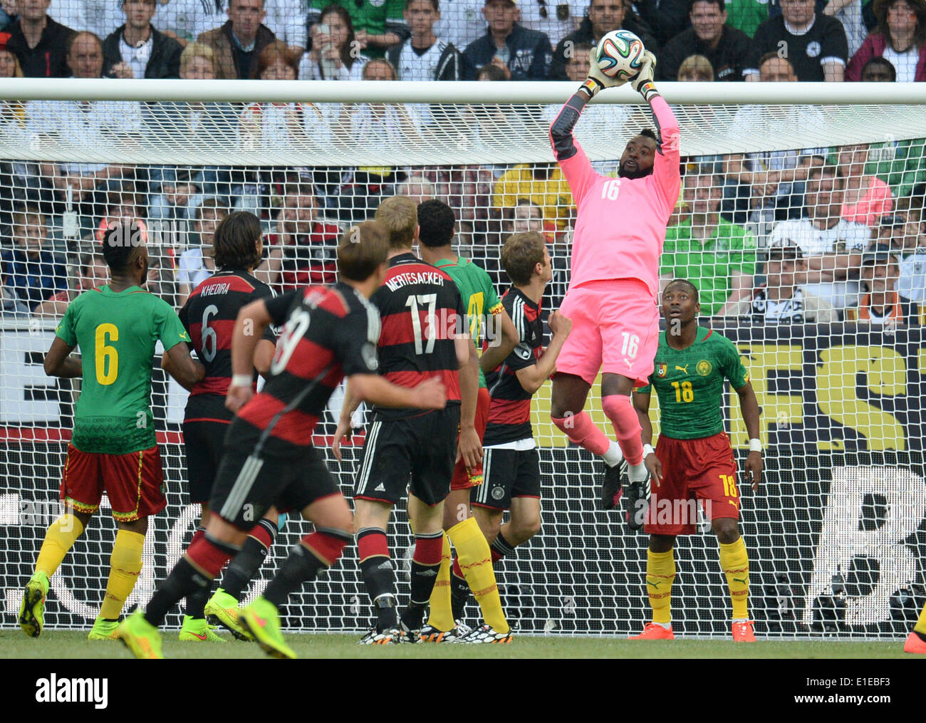 Moenchengladbach, Germany. 01st June, 2014. Cameroon's goalkeeper Charles Itandje in action during the friendly soccer match between Germany and Cameroon at the Borussia Park stadium in Moenchengladbach, Germany, 01 June 2014. Photo: Bernd Thissen/dpa/Alamy Live News Stock Photo