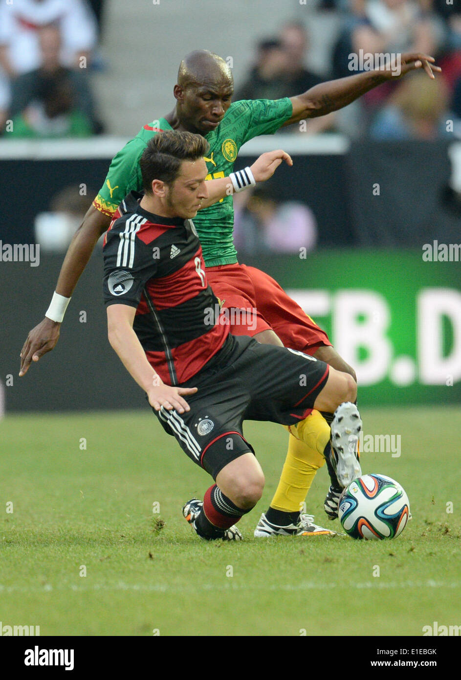Moenchengladbach, Germany. 01st June, 2014. Germany's Mesut Oezil (front) in action against Cameroon's Stephane Mbia during the friendly soccer match between Germany and Cameroon at the Borussia Park stadium in Moenchengladbach, Germany, 01 June 2014. Photo: Bernd Thissen/dpa/Alamy Live News Stock Photo