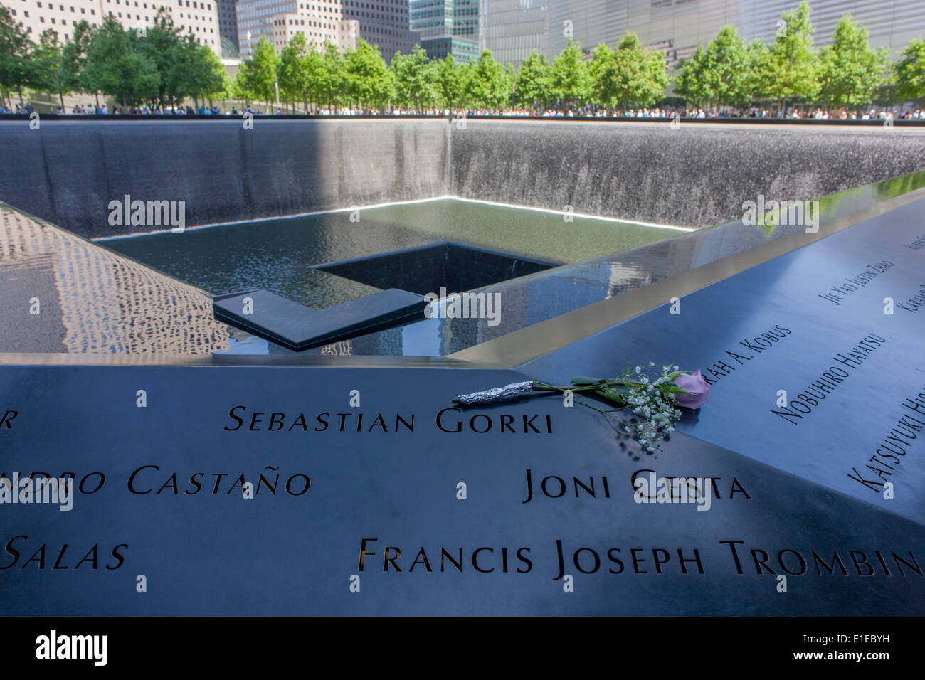 Names of victims at the 9/11 Memorial in New York, killed at the locations of terrorist attacks on September 11th 2001. The National September 11 Memorial is a tribute of remembrance and honor to the nearly 3,000 people killed in the terror attacks of September 11, 2001 at the World Trade Center site, near Shanksville, Pa., and at the Pentagon, as well as the six people killed in the World Trade Center bombing in February 1993. Stock Photo