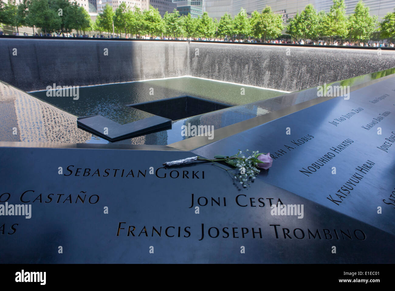 Names of victims at the 9/11 Memorial in New York, killed at the locations of terrorist attacks on September 11th 2001. The National September 11 Memorial is a tribute of remembrance and honor to the nearly 3,000 people killed in the terror attacks of September 11, 2001 at the World Trade Center site, near Shanksville, Pa., and at the Pentagon, as well as the six people killed in the World Trade Center bombing in February 1993. Stock Photo