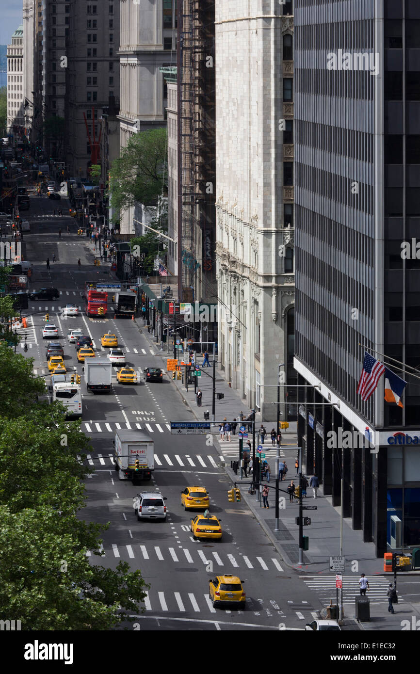 Seen from the roof of a Federal building, an aerial view of Broadway in New York City. Stock Photo
