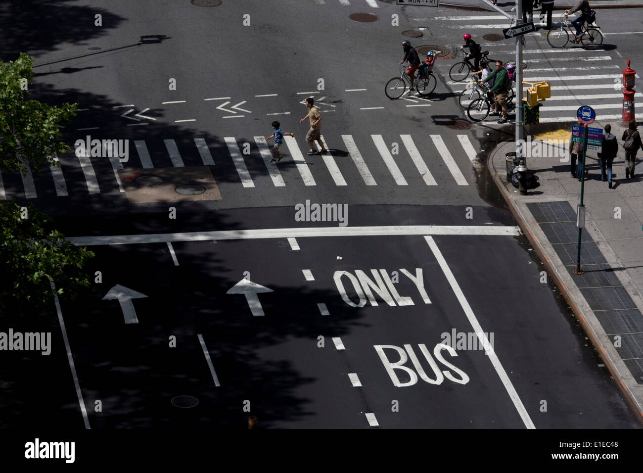 Seen from the roof of a Federal building, an aerial view of people crossing Broadway in New York City. Stock Photo