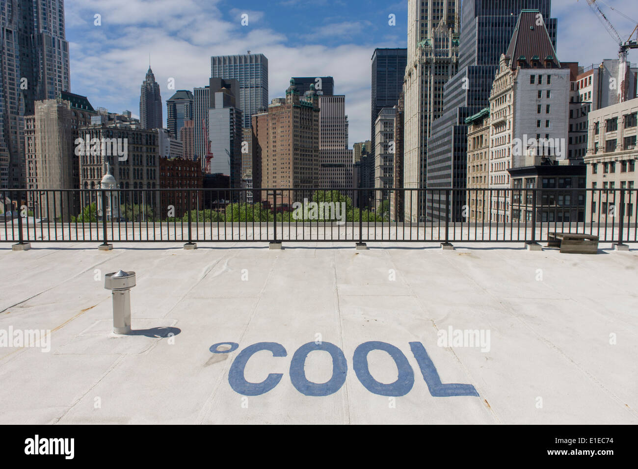 Cool, white roofing materials to cool the roof of a Federal building, on Broadway in New York City. Stock Photo