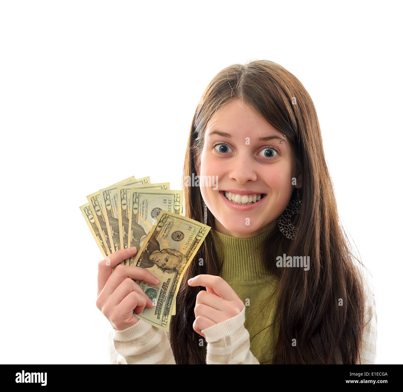 A Young Brunette Woman with Money in her hand, over White, Dollar Sign Reflection in Eyes Stock Photo