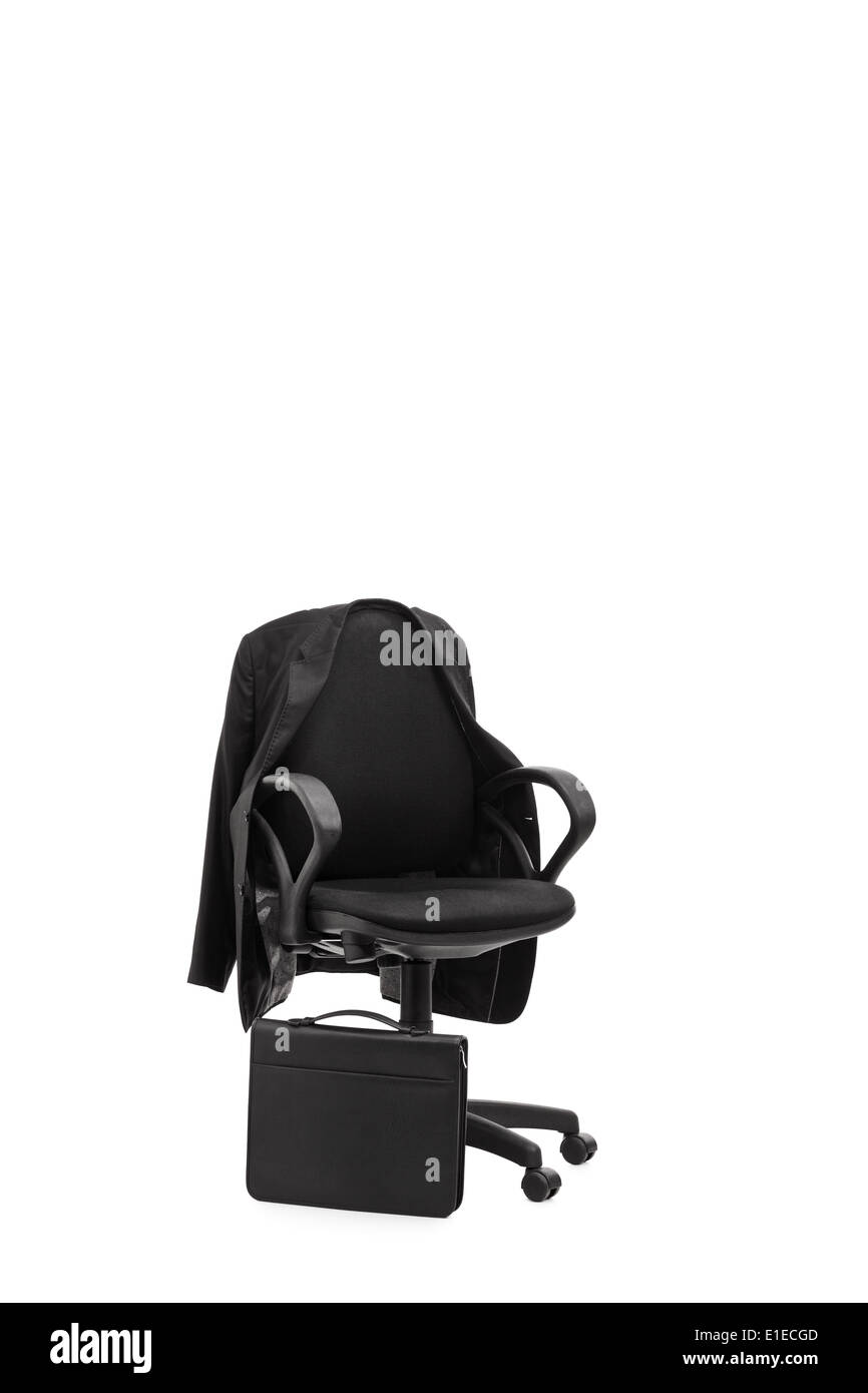 Studio shot of an office chair with a coat hanging on it Stock Photo