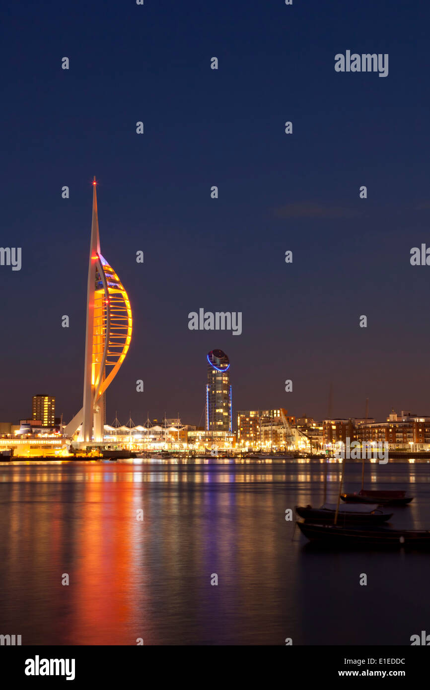 Waterfront with Spinnaker Tower at night, Portsmouth, Hampshire, UK Stock Photo