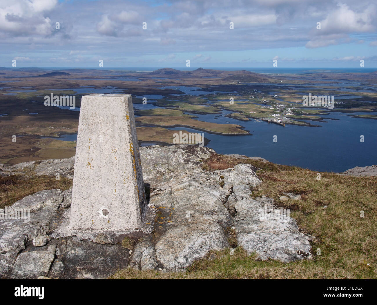 Trig point on north summit of Li a tuath, North Uist, Outer Hebrides, Scotland Stock Photo