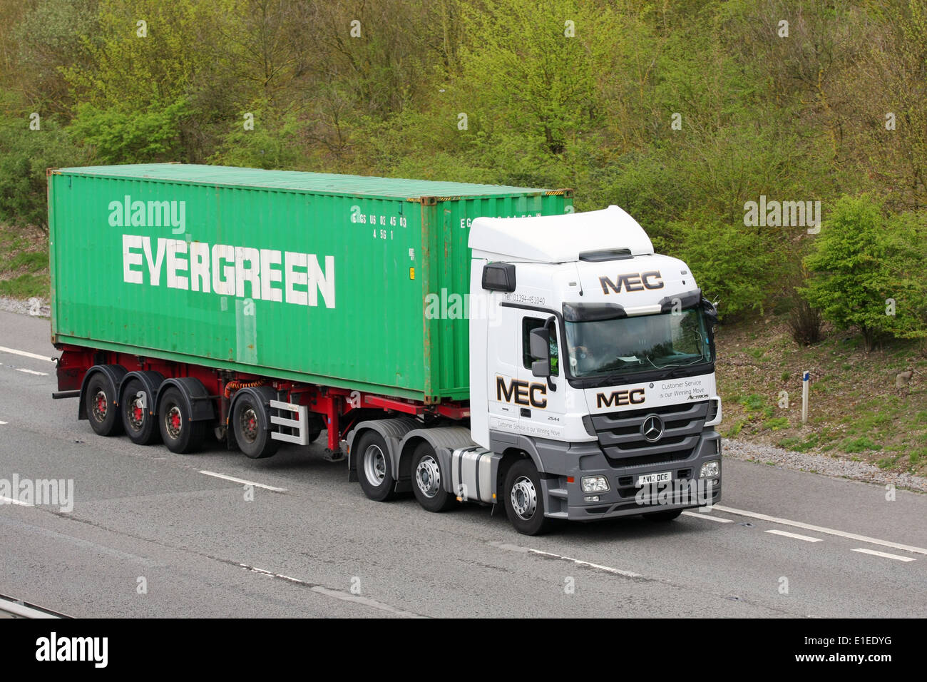 An MEC truck hauling an Evergreen shipping container along the M20 ...