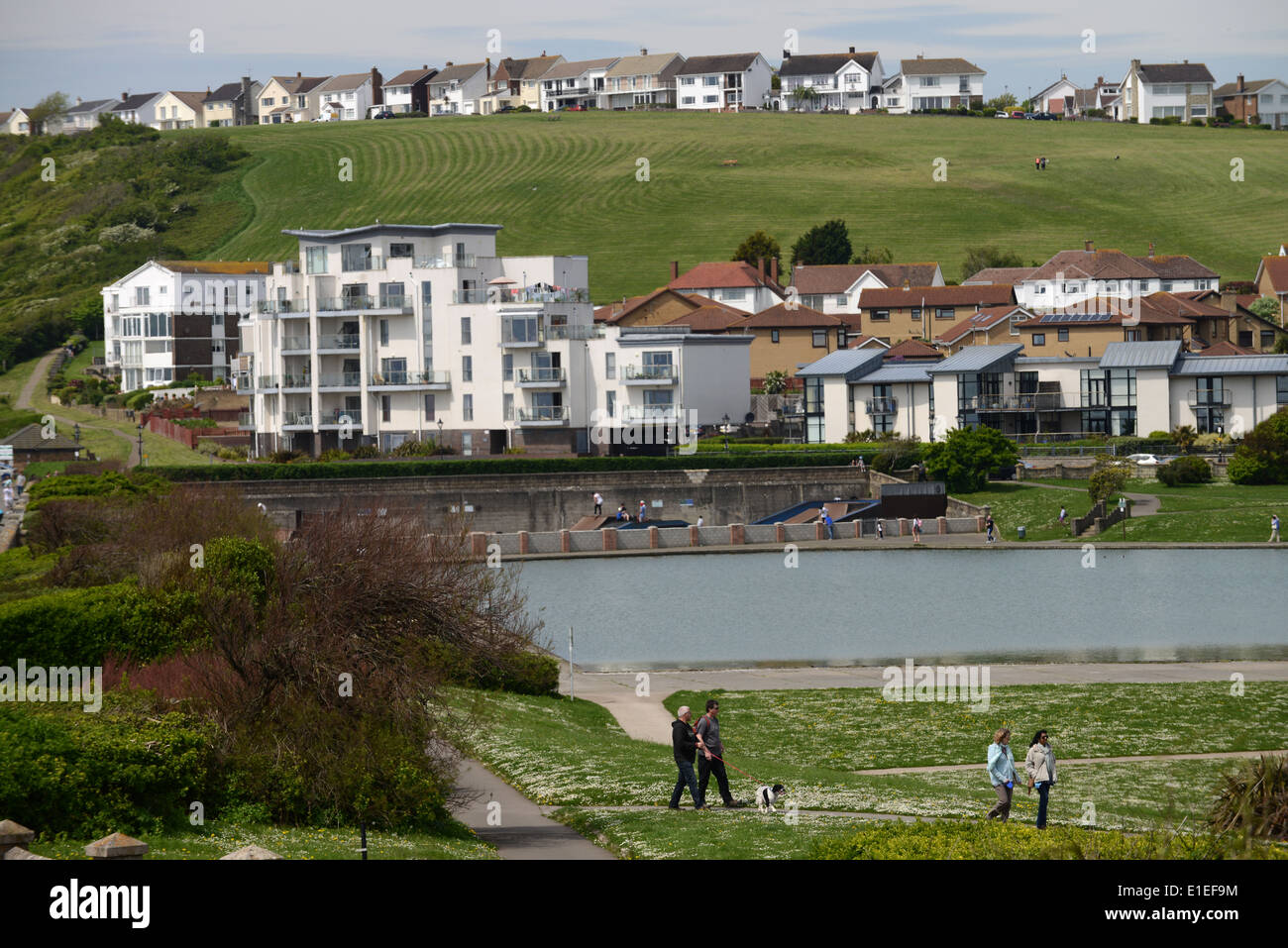 Houses, flats and the boating lake at The Knapp, Barry, South Wales