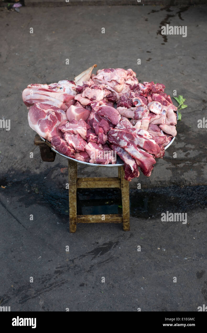 Raw Pork Meat on sale at Street Market in Can Tho Vietnam Stock Photo