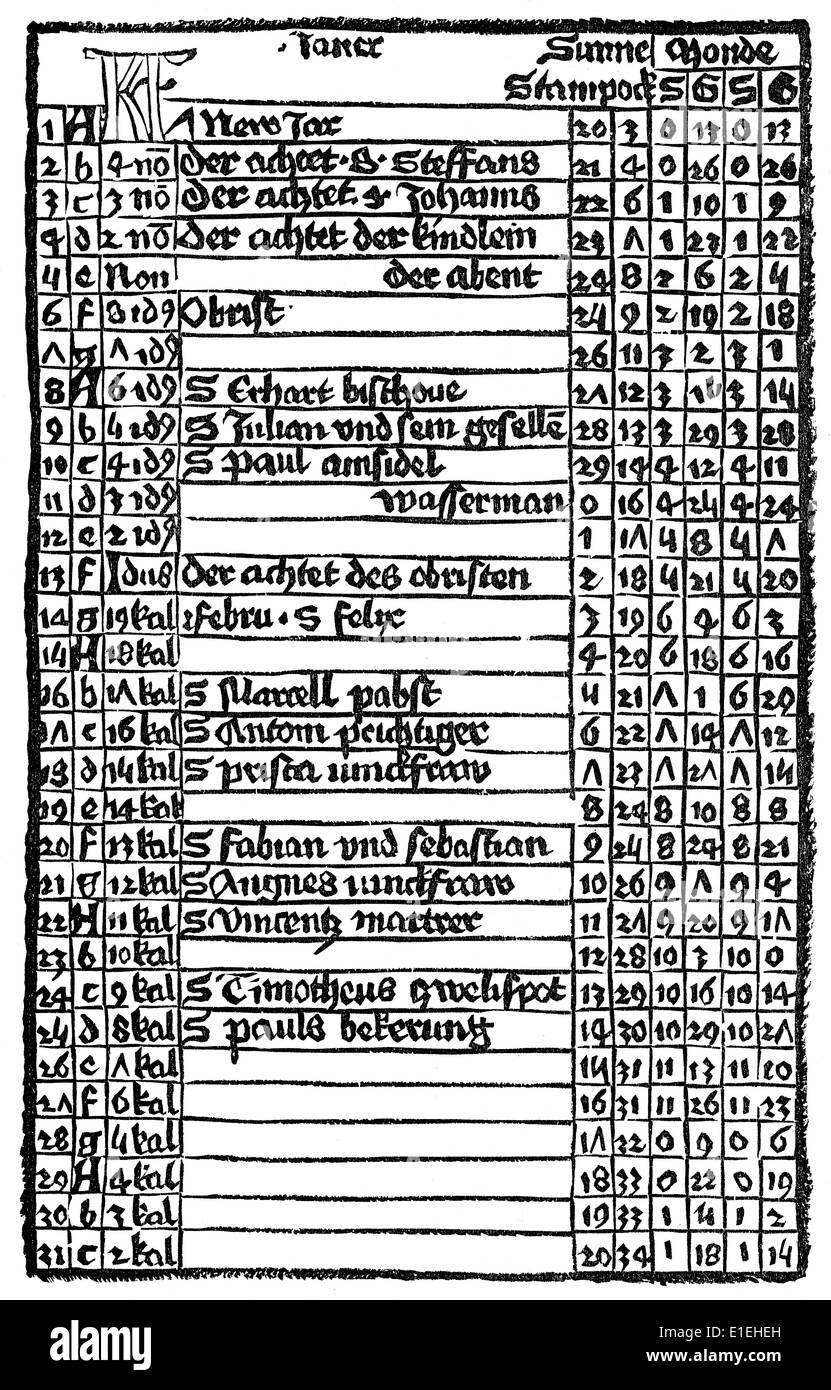 Calender by Johannes Müller von Königsberg or Regiomontanus, 1436 - 1476, a German mathematician, astronomer, astrologer, Stock Photo