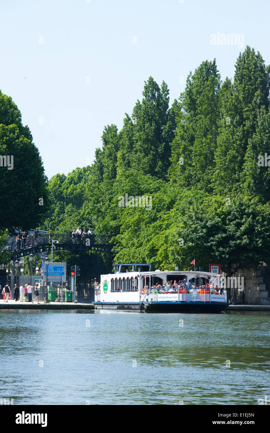 River boat - Canal Saint-Martin, Paris Stock Photo