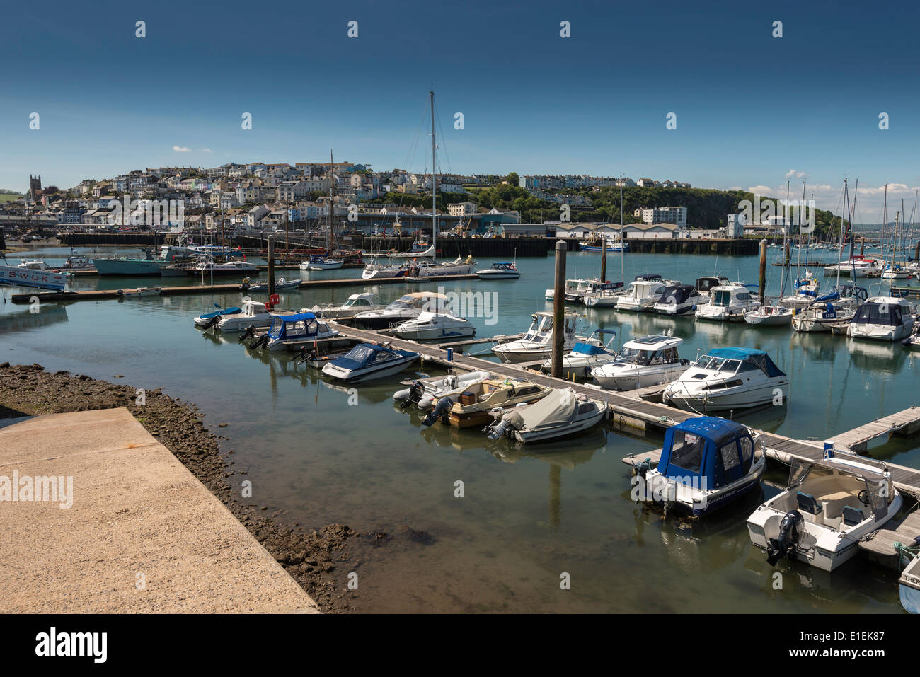 Yachts and boats moored at pontoons in Brixham harbour/marina in summertime. Devon, West of England UK Stock Photo