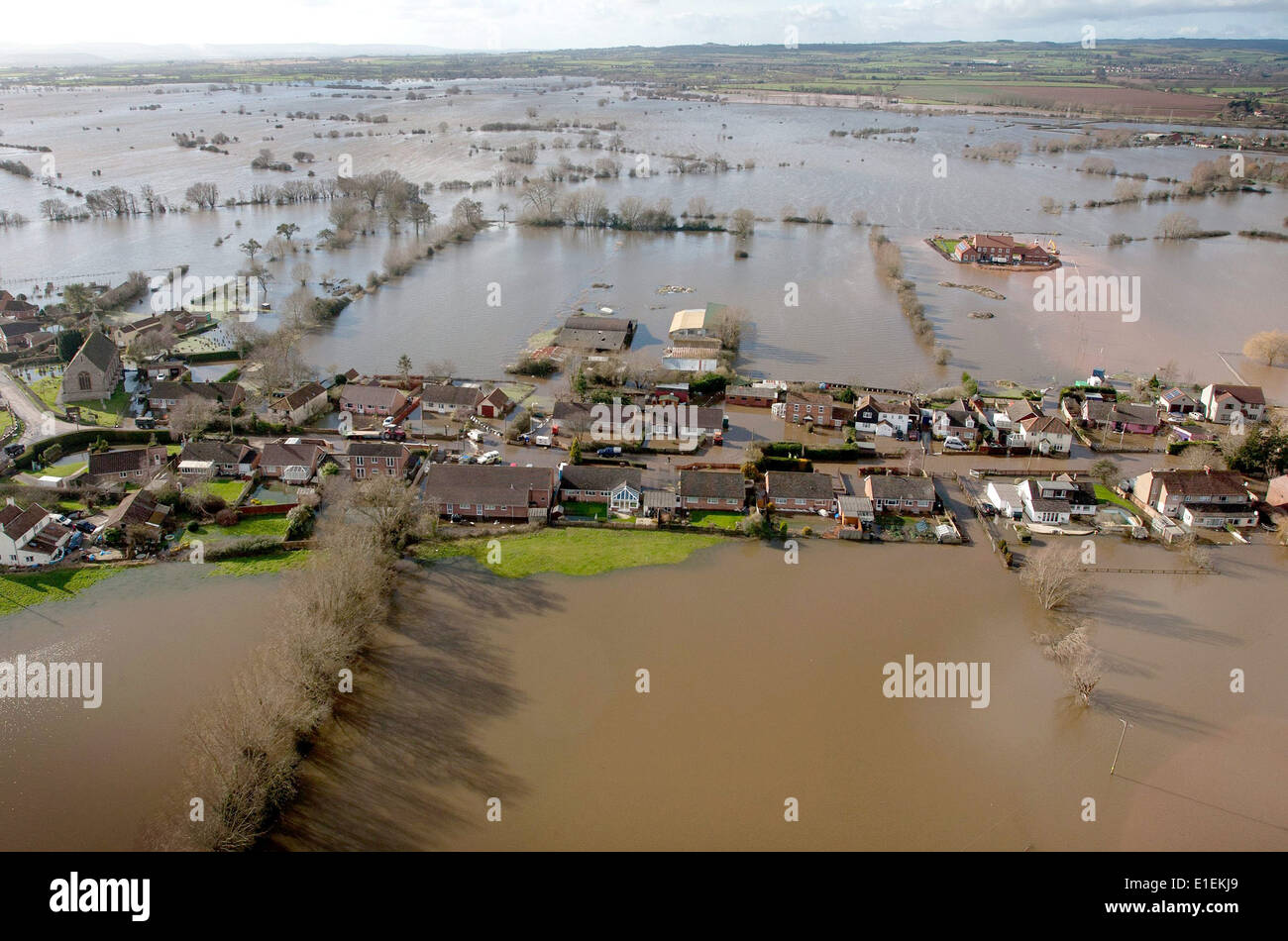 Aerial view of the flooded village of Moorland Stock Photo